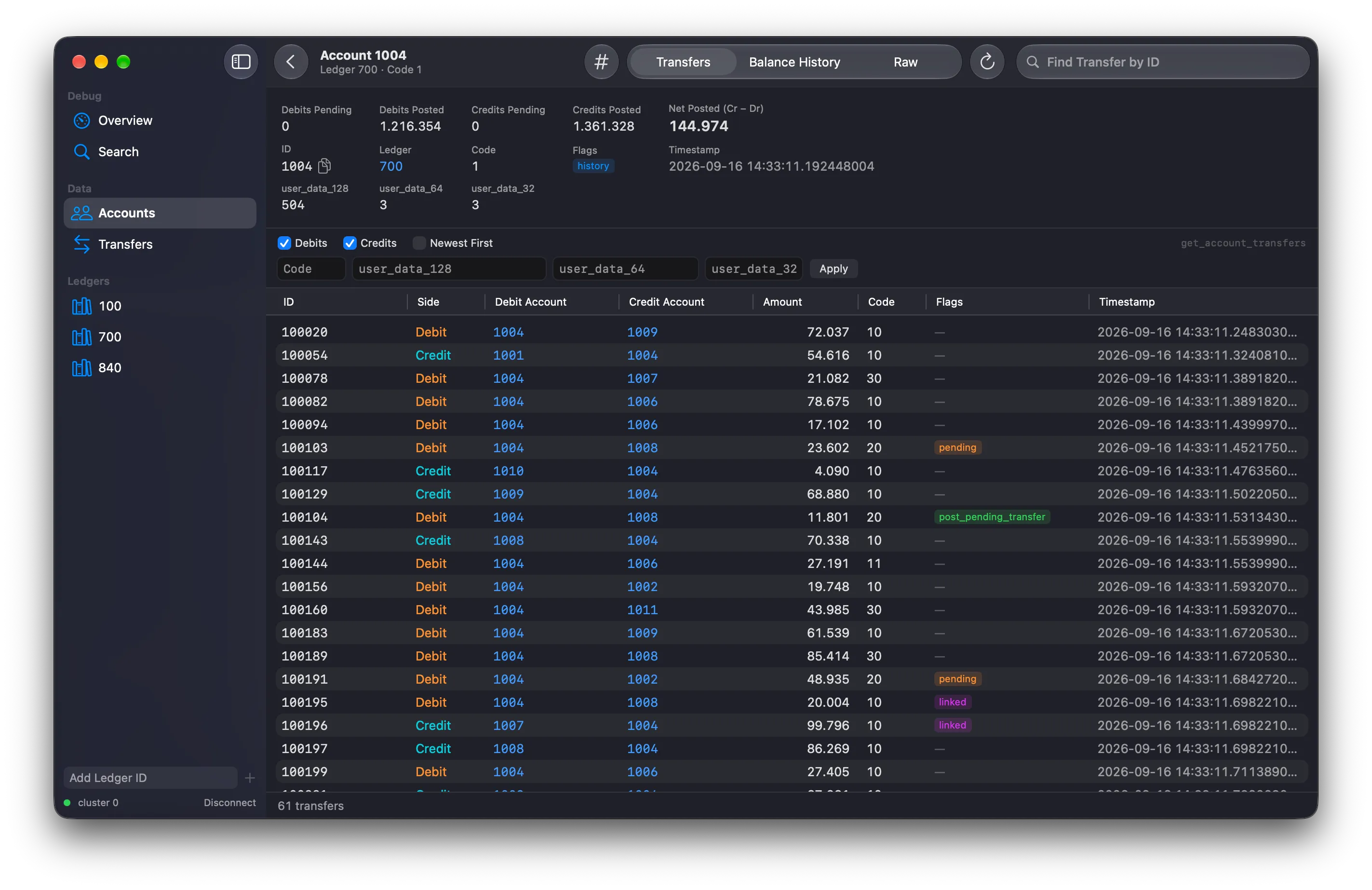 Keber showing account 1004 with its balances and a list of debit and credit transfers